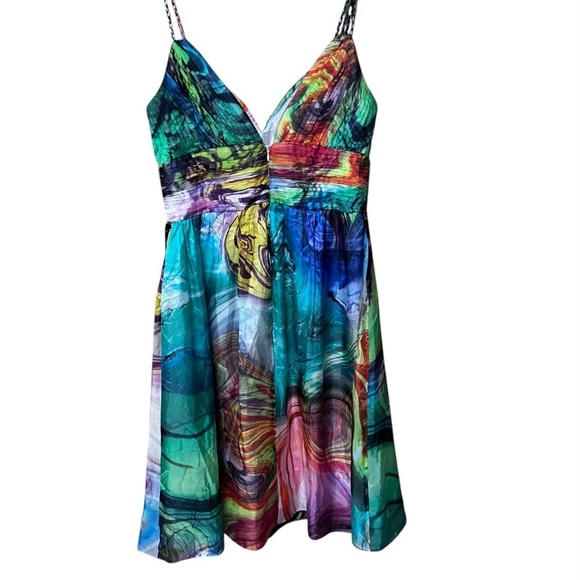 Oleg Cassini 100% Silk Y2K 90s Babydoll Colorful Cocktail Dress size 10 - Picture 2 of 14